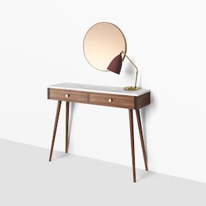 Walnut console hallway table with marble top, two drawers and four legs, entryway table, mid century modern, dressing table, walnut wood,oak