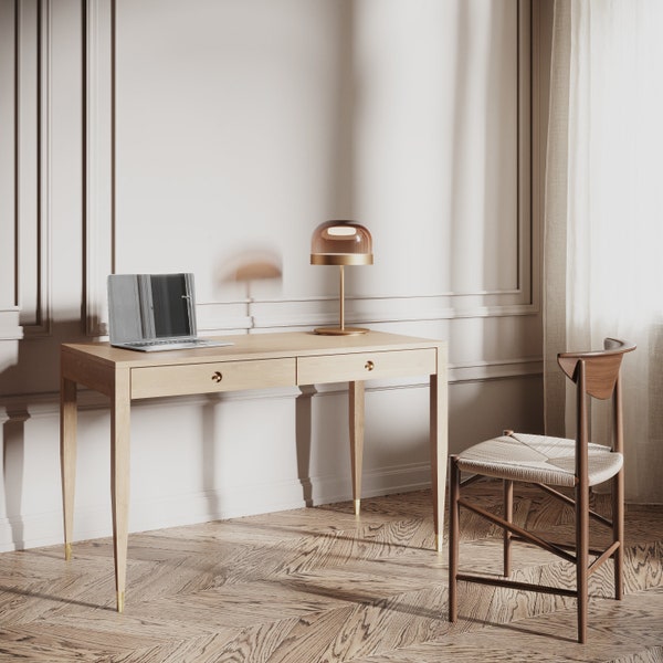 Bureau en chêne avec deux tiroirs en chêne massif, moderne du milieu du siècle, bureau d’étude, moderne, bureau, bureau en chêne massif, table, bureau, console