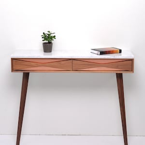 Console hallway table walnut wood with marble top, entryway table with two copper drawers, mid century modern, hallway table