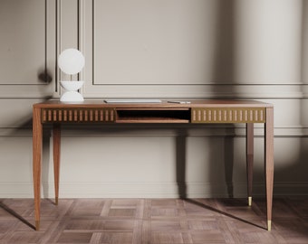 Bureau en noyer avec deux tiroirs en noyer massif, étagère et laiton, moderne du milieu du siècle, bureau d’étude, bureau, bureau en bois massif, table