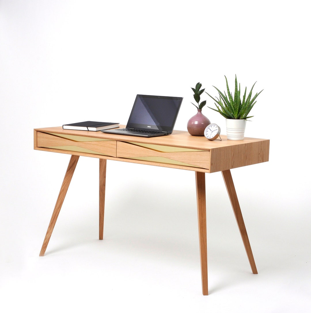 Mid Century Modern Solid Oak Desk With Two Drawers and Brass Bureau Office Desk Study Desk Walnut Etsy UK