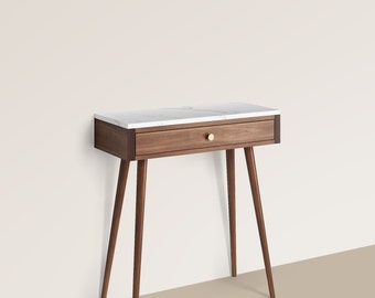 Walnut Console Table with Marble Top, Mid Century Modern Entryway Table