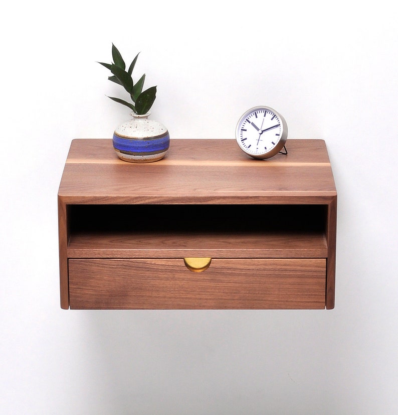 Solid walnut floating nightstand with drawer and shelf, midcentury bedside table, mid century modern image 2