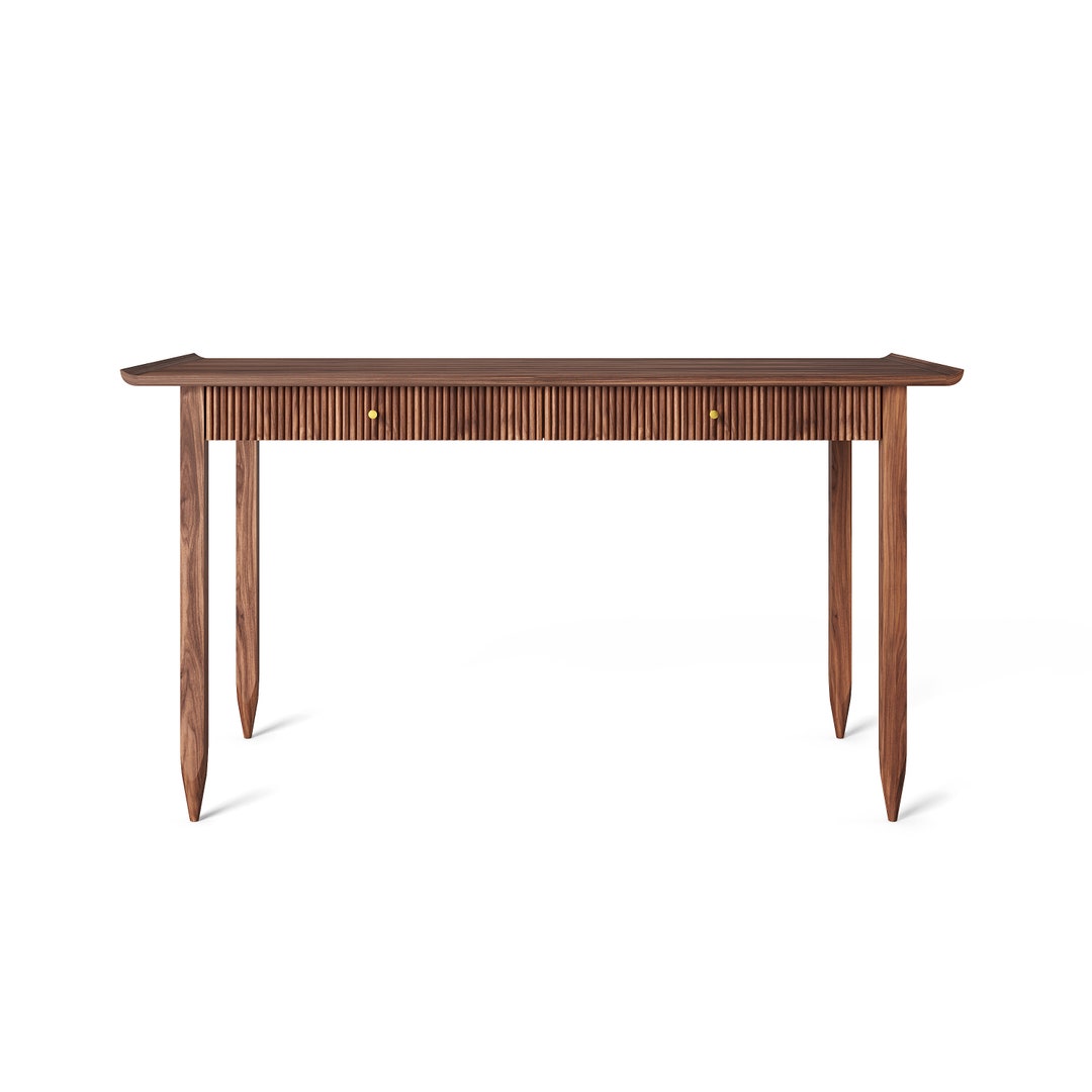 Mid Century Modern Walnut Desk With Slatted Drawers, Brass Accents ...