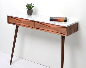 Walnut Hallway Console Table, Marble Top, Copper Drawers, Mid-Century Modern