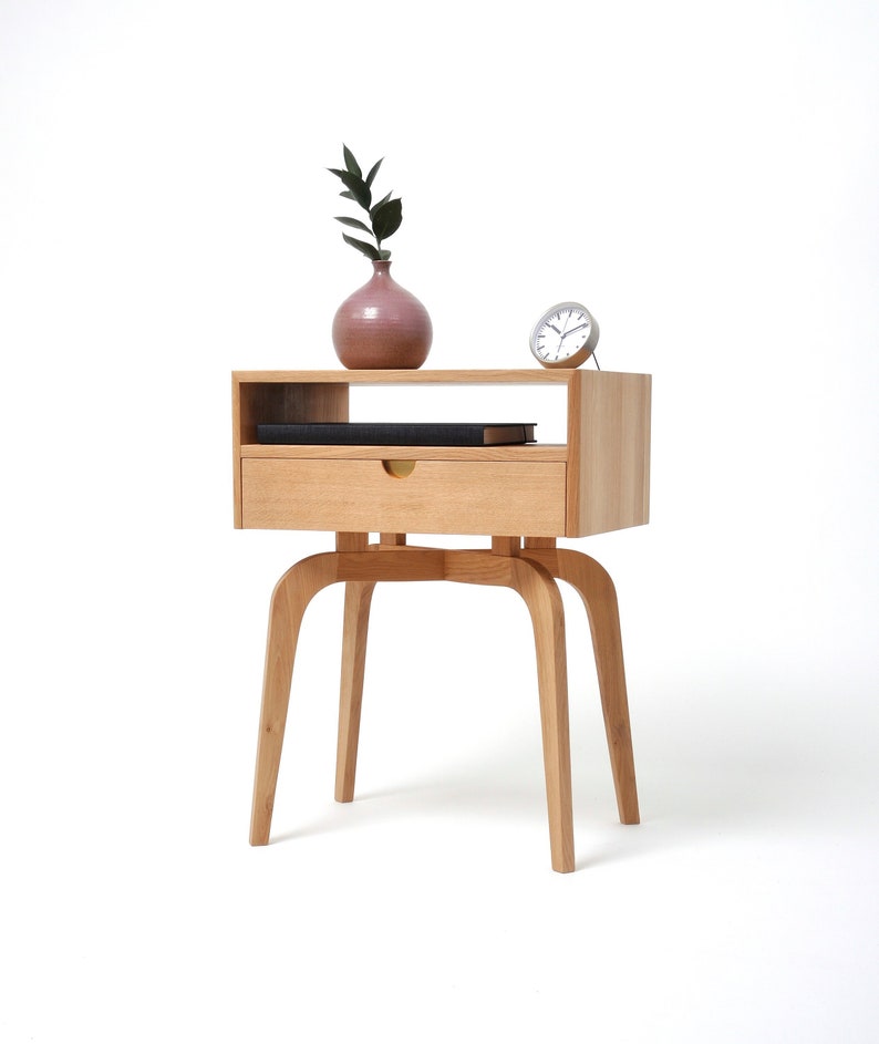 Mid Century Modern Solid Oak Nightstand With Drawer and Shelf Etsy