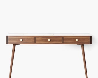 Mid-Century Modern Walnut Console Table, Marble Top, Brass Accents
