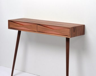 Handmade Walnut Console Hallway Table, Copper Drawer Fronts, Mid Century Modern