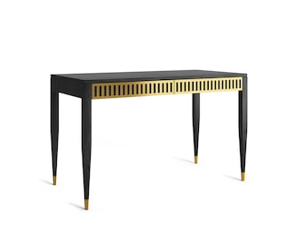 Mid Century Modern Black Oak Desk, Brass Detail