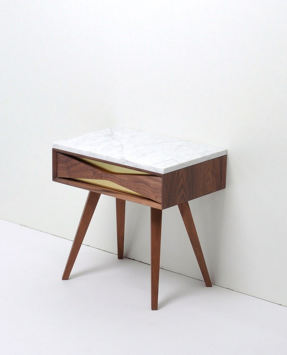 Mid Century Modern Walnut Nightstand, Marble Top, Brass Drawer