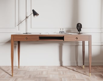 Walnut desk with two solid drawers and shelf, mid century modern, study desk, modern, writing desk,solid walnut desk, table, bureau, console