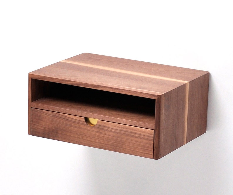Solid walnut floating nightstand with drawer and shelf, midcentury bedside table, mid century modern image 4