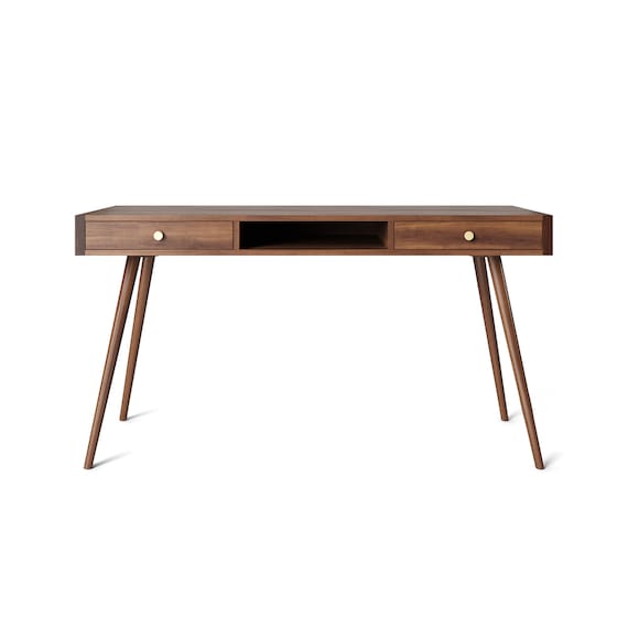 Oak Office Desk With Two Solid Oak Drawers and Shelf Mid Century