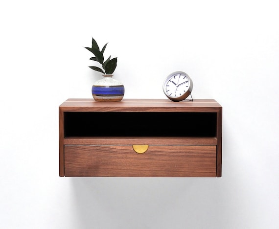 Solid walnut floating nightstand with drawer and shelf, midcentury bedside table, mid century modern