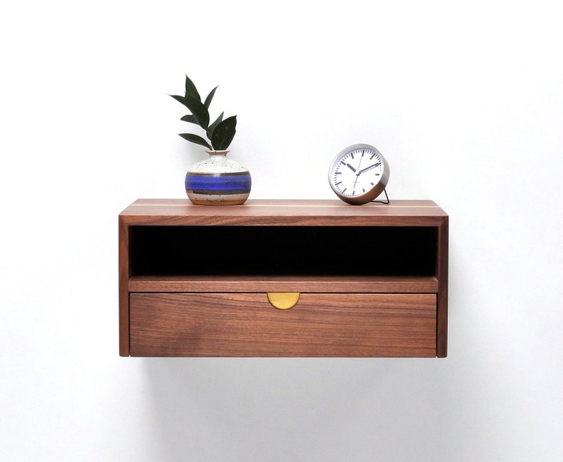 Solid walnut floating nightstand with drawer and shelf, midcentury bedside table, mid century modern image 1