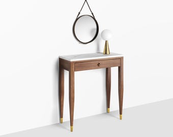 Mid Century Walnut Entryway Table, Console with Marble Top, Brass Detail