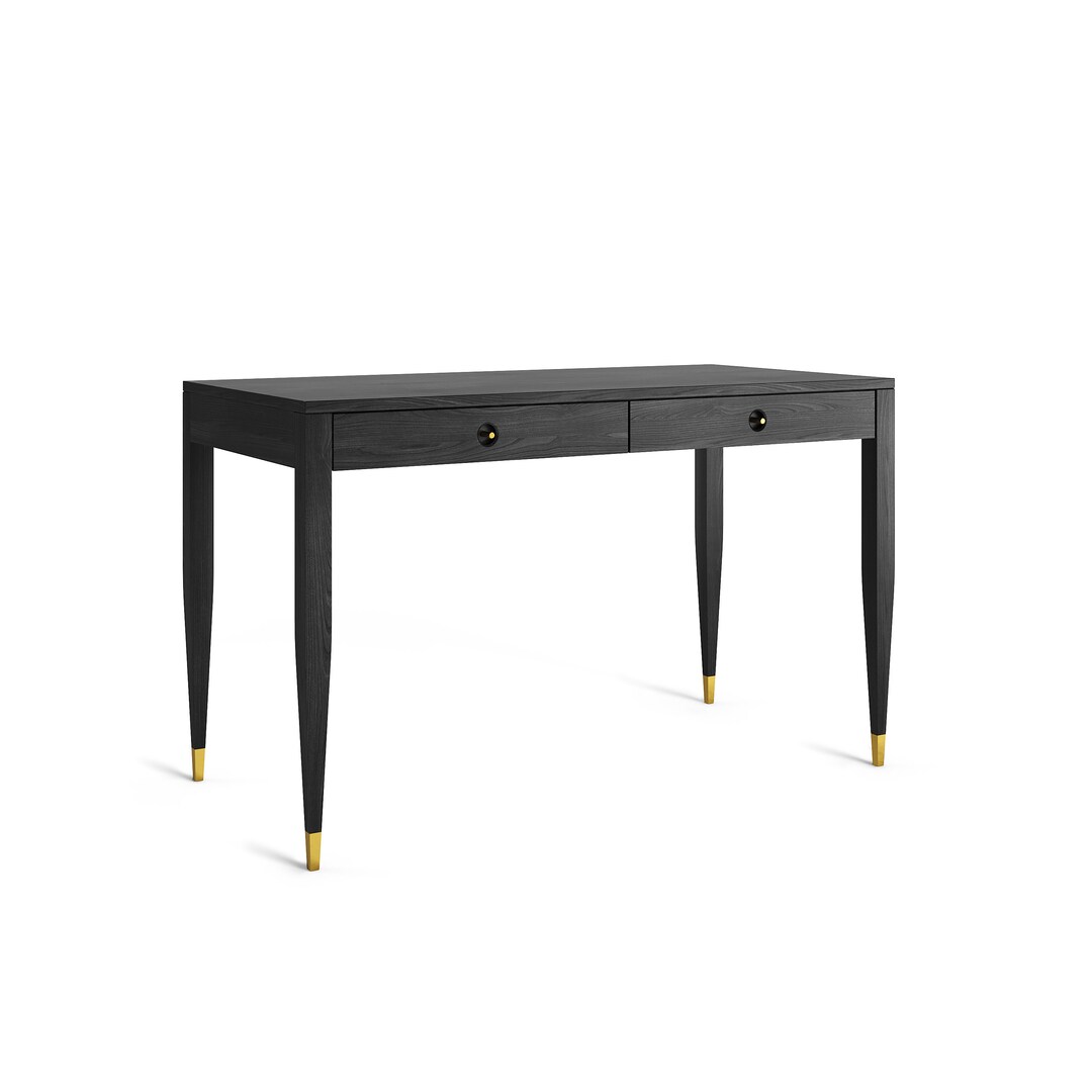 Black Oak Office Desk With Two Solid Oak Drawers, Mid Century Modern