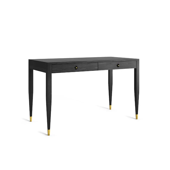 Black Oak Office Desk With Two Solid Oak Drawers Mid Century