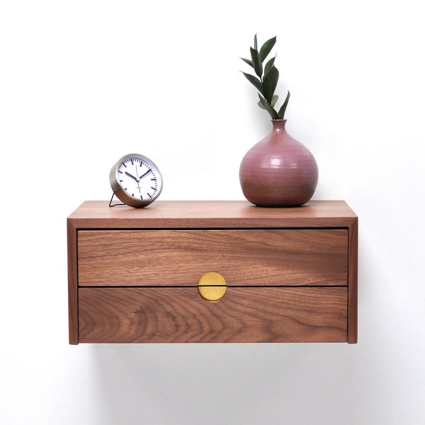 Solid walnut floating nightstand with double drawers, midcentury bedside table, mid century modern