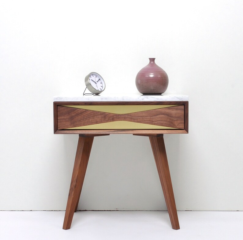 Mid Century Modern Solid Walnut Nightstand With Marble Top Etsy