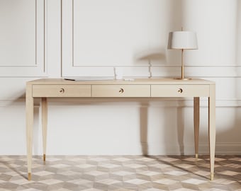 Mid-Century Modern Oak Desk, Solid Wood, Brass Accents