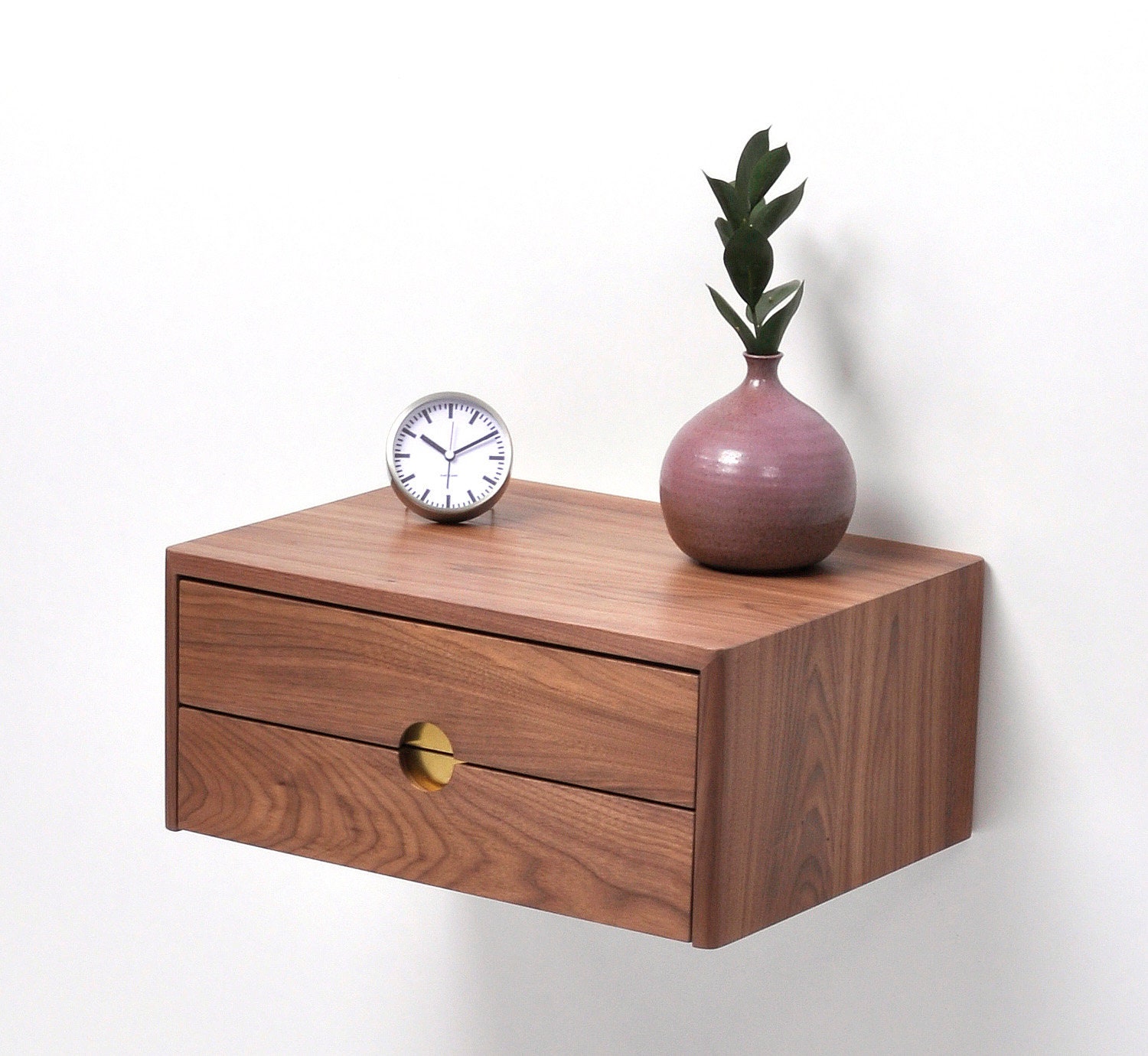 Solid Walnut Floating Nightstand With Double Drawers Etsy