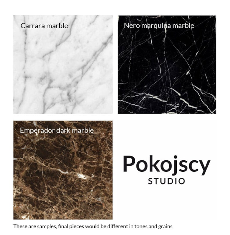 May include: Three marble samples: Carrara marble is white with grey veins, Nero Marquina marble is black with white veins, and Emperador Dark marble is brown with darker brown veins. The image also includes the text "Pokojscy STUDIO" and the caption "These are samples, final pieces would be different in tones and grains".