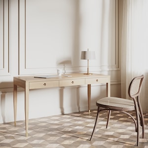 Mid century modern big oak desk with three solid oak drawers, 160cm x 70cm, bureau