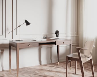 Mid Century Modern Walnut Desk, Solid Wood Office Desk, Brass Accents
