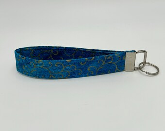 Blue & Gold Swirl Print Keychain Wristlet, Key Fob Lanyard, Retro Keychain, Y2K, Handmade