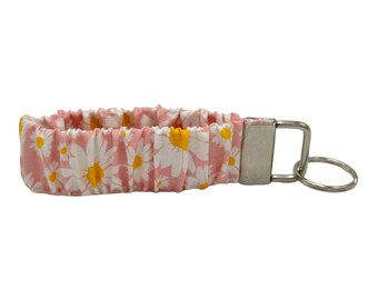 Daisy Pink Scrunchie Keychain Wristlet, Key Fob Lanyard, Key Fob Wristlet, Sturdy Key Holder, Women's Gift Handmade Scrunchie Wristlet