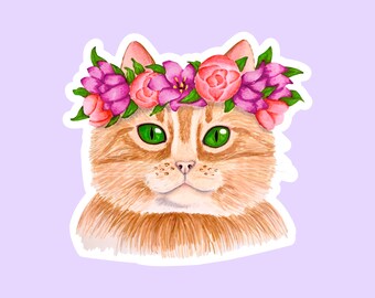 Flower Crown Cat Sticker, Floral Cat Sticker, Funny Laptop Macbook Stickers, Scrapbook Stickers, Funny Gifts, Aesthetic Stickers