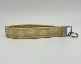 Tan Smiley Face Keychain Wristlet, Key Fob Lanyard, Retro Keychain, Y2K, Handmade