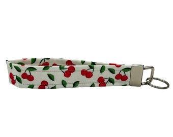 White & Cherry Keychain Wristlet, Key Fob Lanyard, Retro Keychain, Y2K, Handmade