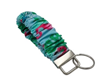 Flamingo Cotton Scrunchie Keychain Wristlet, Key Fob Lanyard, Key Fob Wristlet, Sturdy Key Holder, Women's Gift Handmade Scrunchie Wristlet