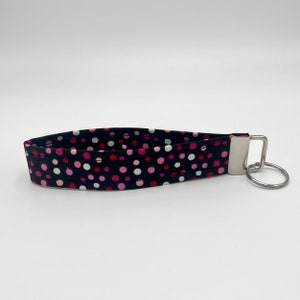Black & Pink Polka Dot Keychain Wristlet, Key Fob Lanyard, Retro Keychain, Y2K, Handmade
