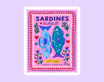 Kawaii Sardine Label Sticker • Cute Fish Can Decal • Vintage Food Aesthetic Laptop Sticker • Art Journal Planner Vinyl