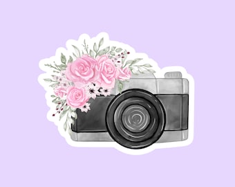 Può includere: Una macchina fotografica vintage con un design in bianco e nero, decorata con rose rosa e foglie verdi. La macchina fotografica è circondata da un bordo bianco.