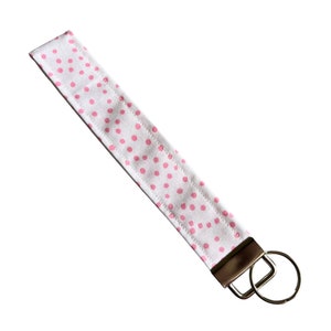 White & Pink Polka Dot Keychain Wristlet, Key Fob Lanyard, Retro Keychain, Y2K, Handmade