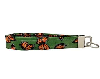Monarch Butterflies on Green Keychain Wristlet, Key Fob Lanyard, Retro Keychain, Y2K, Handmade