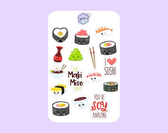 Kawaii Sushi Stickers, Cute Kawaii Planner Stickers, Food Stickers, Kawaii Stationery, Cute Funny Stickers