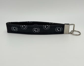 Black Smiley Face Keychain Wristlet, Key Fob Lanyard, Retro Keychain, Y2K, Handmade