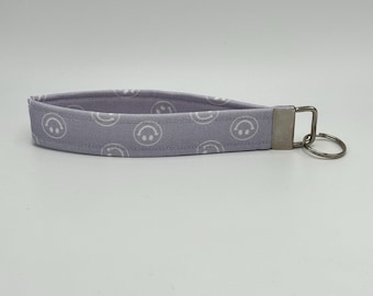 Purple Smiley Face Keychain Wristlet, Key Fob Lanyard, Retro Keychain, Y2K, Handmade