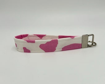 Pink Cow Print Fabric Key Fob Wristlet – Handmade Western Y2K Keychain – Trendy Boutique Gift