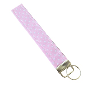 Pink & White Polka Dots Keychain Wristlet, Key Fob Lanyard, Retro Keychain, Y2K, Handmade