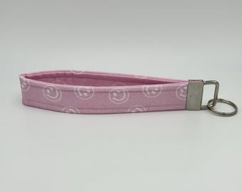 Pink Smiley Face Keychain Wristlet, Key Fob Lanyard, Retro Keychain, Y2K, Handmade
