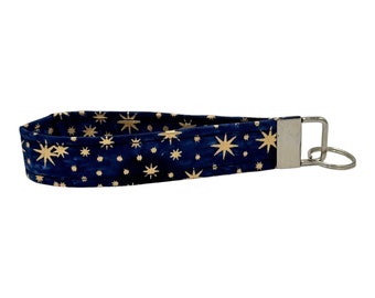 Navy Blue & Gold Stars Keychain Wristlet, Key Fob Lanyard, Retro Keychain, Y2K, Handmade