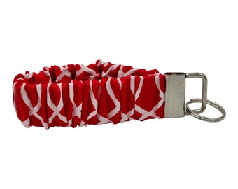 Red & White Scrunchie Keychain Wristlet, Key Fob Lanyard, Key Fob Wristlet, Sturdy Key Holder, Women's Gift Handmade Scrunchie Wristlet
