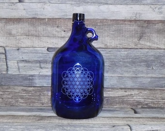 Blauglas 5 Liter Henkelflasche mit Blume des Lebens V4