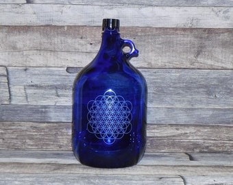 Blauw glazen 5 liter fles met handvat V4